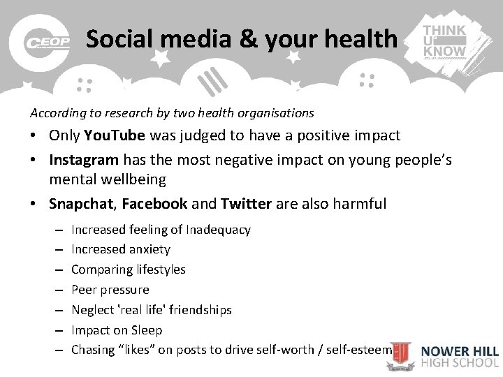 Social media & your health According to research by two health organisations • Only