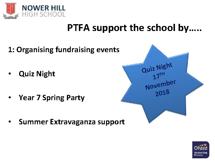 PTFA support the school by…. . 1: Organising fundraising events • Quiz Night •