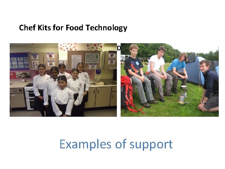 Chef Kits for Food Technology Do. E camping stoves and tents Examples of support