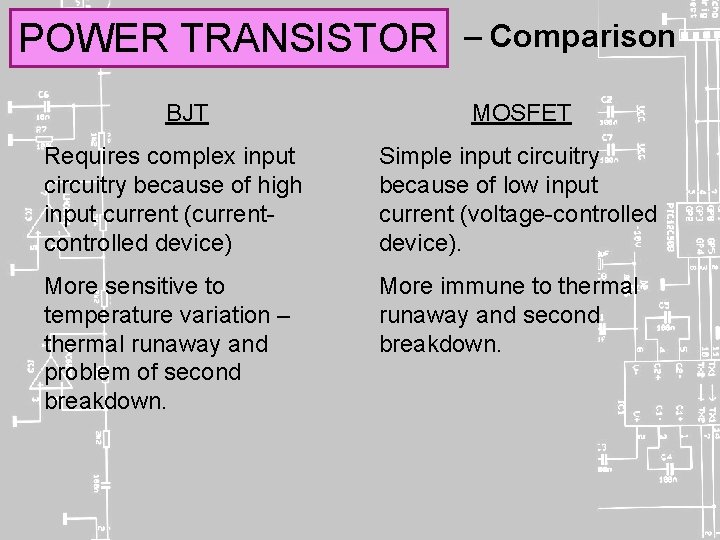 POWER TRANSISTOR BJT – Comparison MOSFET Requires complex input circuitry because of high input