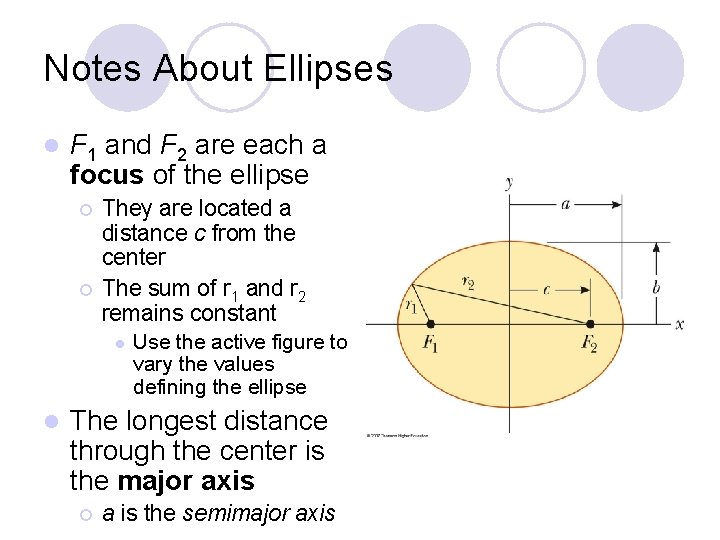 Notes About Ellipses l F 1 and F 2 are each a focus of