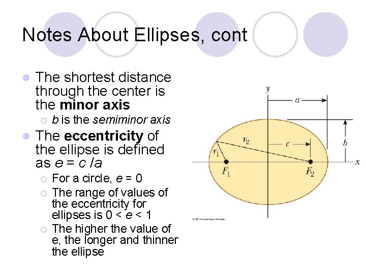 Notes About Ellipses, cont l The shortest distance through the center is the minor