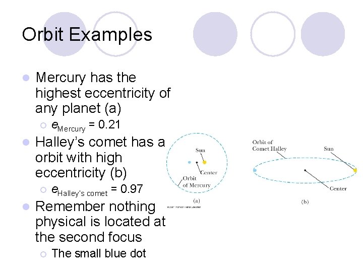 Orbit Examples l Mercury has the highest eccentricity of any planet (a) ¡ l