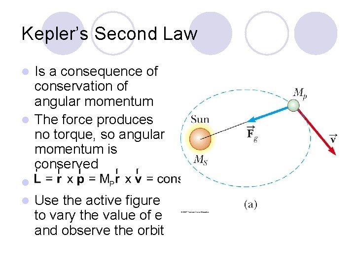 Kepler’s Second Law Is a consequence of conservation of angular momentum l The force