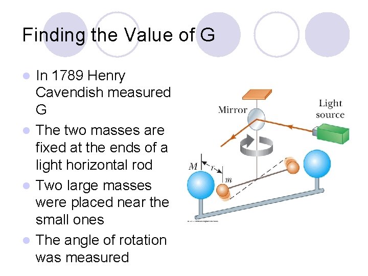 Finding the Value of G In 1789 Henry Cavendish measured G l The two