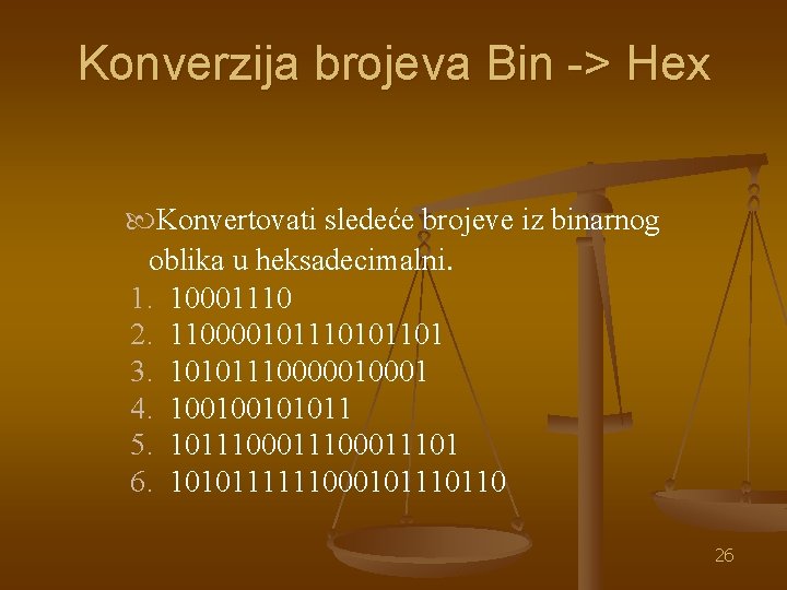Konverzija brojeva Bin -> Hex Konvertovati sledeće brojeve iz binarnog oblika u heksadecimalni. 1.