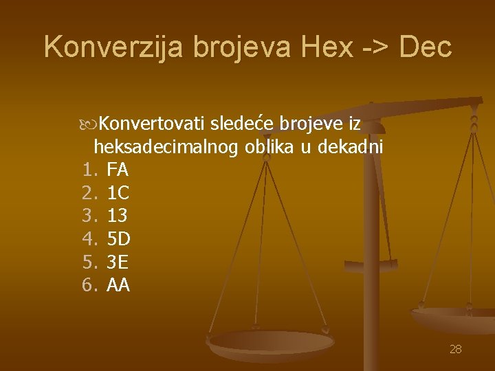 Konverzija brojeva Hex -> Dec Konvertovati sledeće brojeve iz heksadecimalnog oblika u dekadni 1.