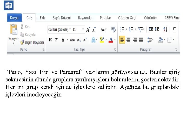 “Pano, Yazı Tipi ve Paragraf” yazılarını görüyorsunuz. Bunlar giriş sekmesinin altında gruplara ayrılmış işlem