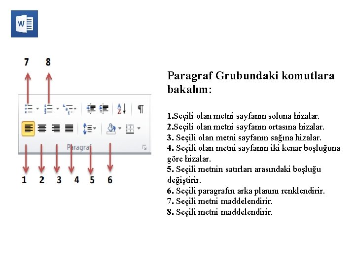 Paragraf Grubundaki komutlara bakalım: 1. Seçili olan metni sayfanın soluna hizalar. 2. Seçili olan