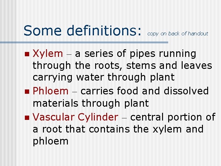 Some definitions: copy on back of handout Xylem – a series of pipes running