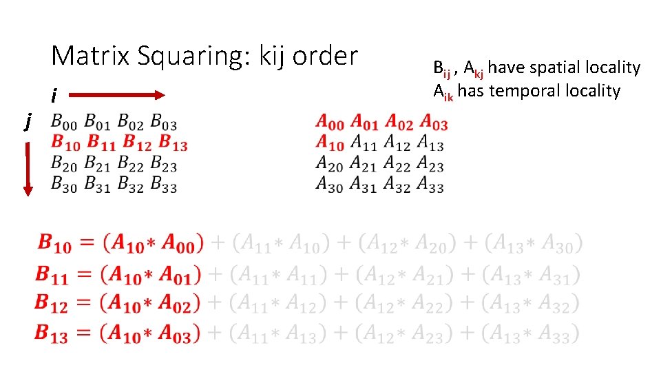 Matrix Squaring: kij order j i • Bij , Akj have spatial locality Aik