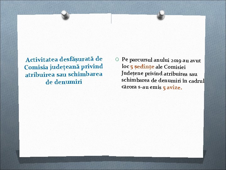 Activitatea desfășurată de Comisia județeană privind atribuirea sau schimbarea de denumiri O Pe parcursul Activitatea desfășurată de Comisia județeană privind atribuirea sau schimbarea de denumiri O Pe parcursul