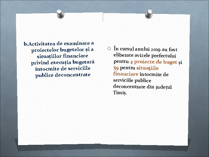 b. Activitatea de examinare a proiectelor bugetelor și a situațiilor financiare privind execuția bugetară b. Activitatea de examinare a proiectelor bugetelor și a situațiilor financiare privind execuția bugetară