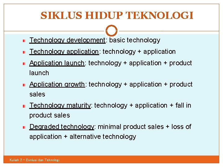 SIKLUS HIDUP TEKNOLOGI 44 Technology development: development basic technology Technology application: application technology +