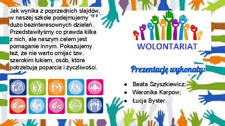 Jak wynika z poprzednich slajdów, w naszej szkole podejmujemy dużo bezinteresownych działań. Przedstawiłyśmy co Jak wynika z poprzednich slajdów, w naszej szkole podejmujemy dużo bezinteresownych działań. Przedstawiłyśmy co