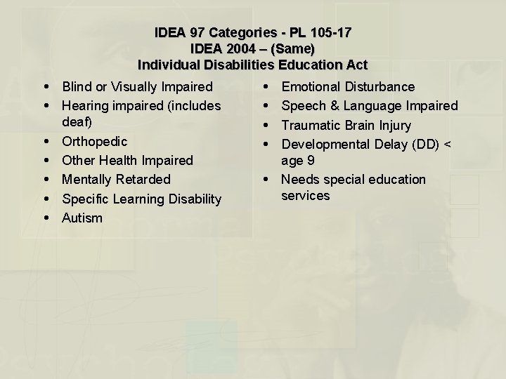 IDEA 97 Categories - PL 105 -17 IDEA 2004 – (Same) Individual Disabilities Education