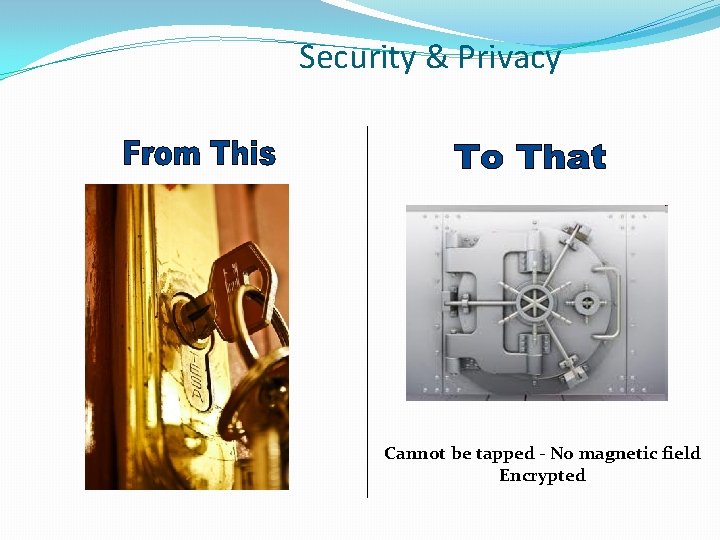 Security & Privacy Cannot be tapped - No magnetic field Encrypted 