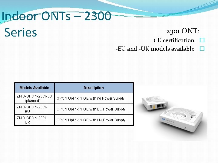 Indoor ONTs – 2300 Series Models Available 2301 ONT: CE certification � -EU and