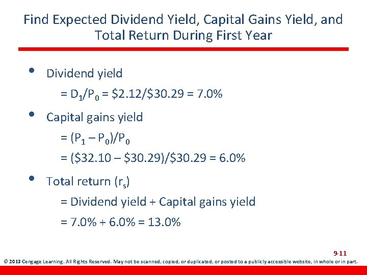 Find Expected Dividend Yield, Capital Gains Yield, and Total Return During First Year •