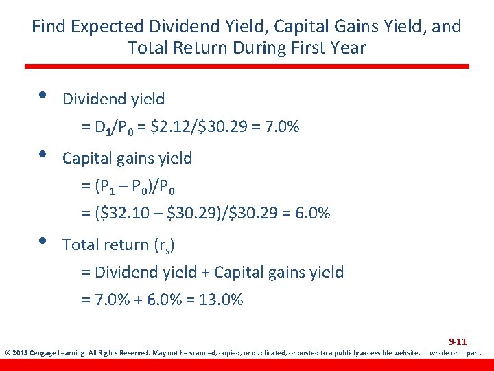 Find Expected Dividend Yield, Capital Gains Yield, and Total Return During First Year •