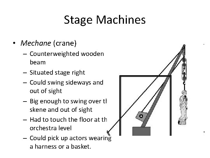 Stage Machines • Mechane (crane) – Counterweighted wooden beam – Situated stage right – Stage Machines • Mechane (crane) – Counterweighted wooden beam – Situated stage right –