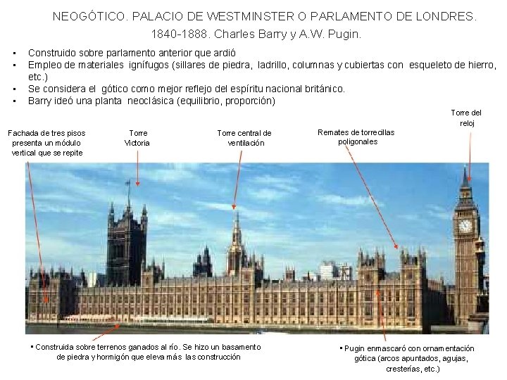 NEOGÓTICO. PALACIO DE WESTMINSTER O PARLAMENTO DE LONDRES. 1840 -1888. Charles Barry y A.
