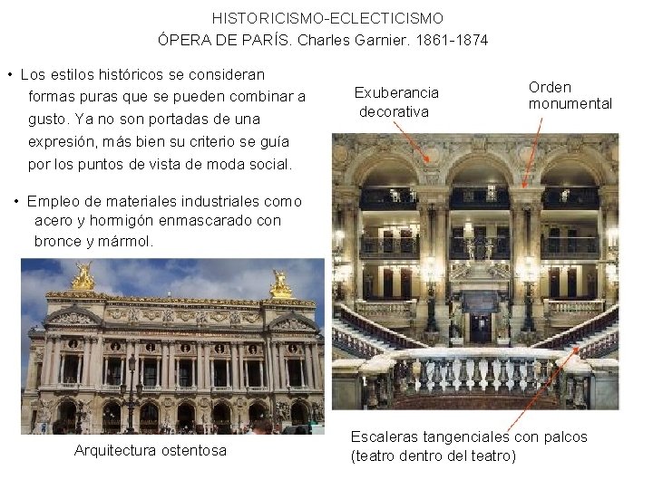 HISTORICISMO-ECLECTICISMO ÓPERA DE PARÍS. Charles Garnier. 1861 -1874 • Los estilos históricos se consideran