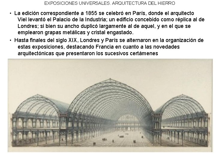 EXPOSICIONES UNIVERSALES. ARQUITECTURA DEL HIERRO • La edición correspondiente a 1855 se celebró en