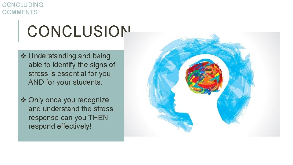 CONCLUDING COMMENTS CONCLUSION v Understanding and being able to identify the signs of stress