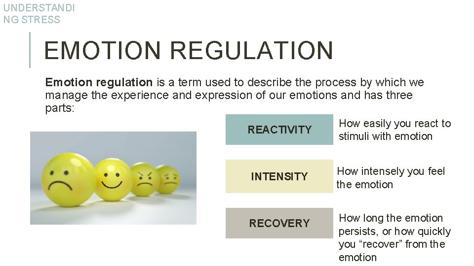 UNDERSTANDI NG STRESS EMOTION REGULATION Emotion regulation is a term used to describe the