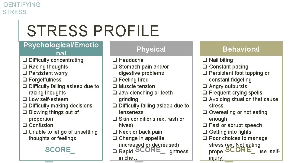 IDENTIFYING STRESS PROFILE Psychological/Emotio nal q q q q q Difficulty concentrating Racing thoughts