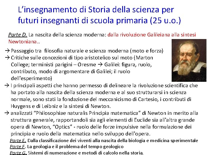 L’insegnamento di Storia della scienza per futuri insegnanti di scuola primaria (25 u. o.