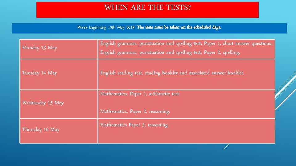 WHEN ARE THE TESTS? Week beginning 13 th May 2019. The tests must be