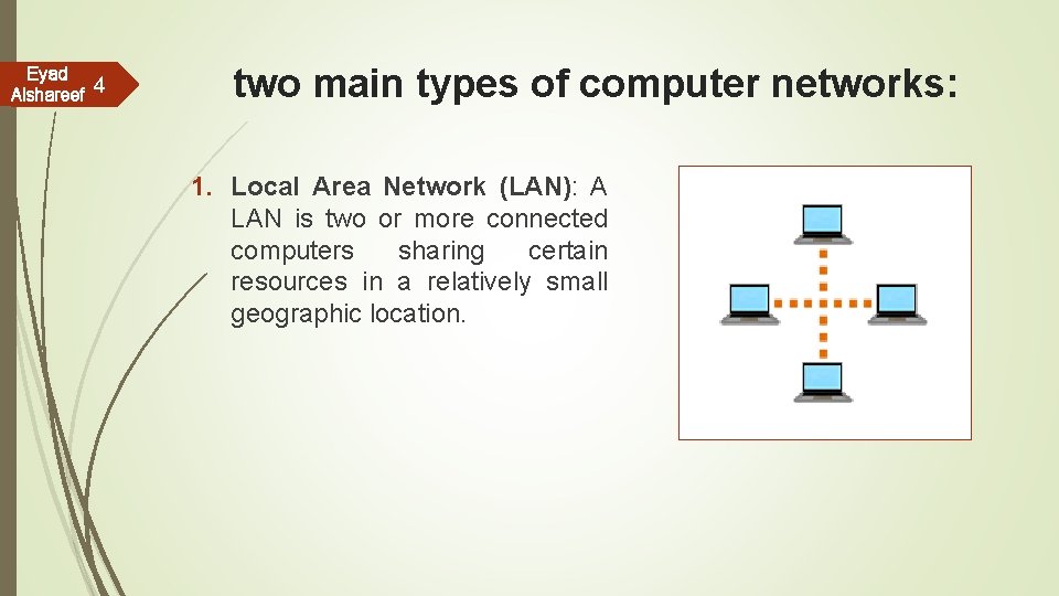 Eyad Alshareef 4 two main types of computer networks: 1. Local Area Network (LAN):