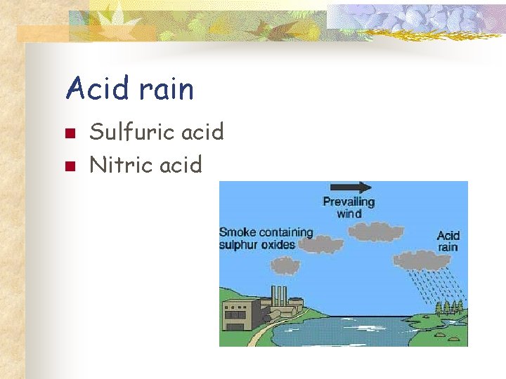 Acid rain n n Sulfuric acid Nitric acid 