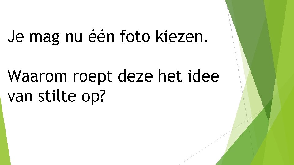 Je mag nu één foto kiezen. Waarom roept deze het idee van stilte op?