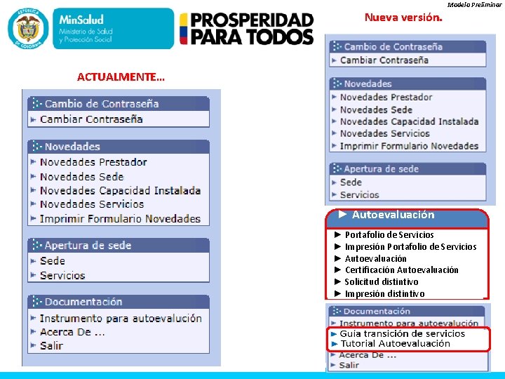 Nueva versión. Modelo Preliminar ACTUALMENTE… ► Autoevaluación ► Portafolio de Servicios ► Impresión Portafolio