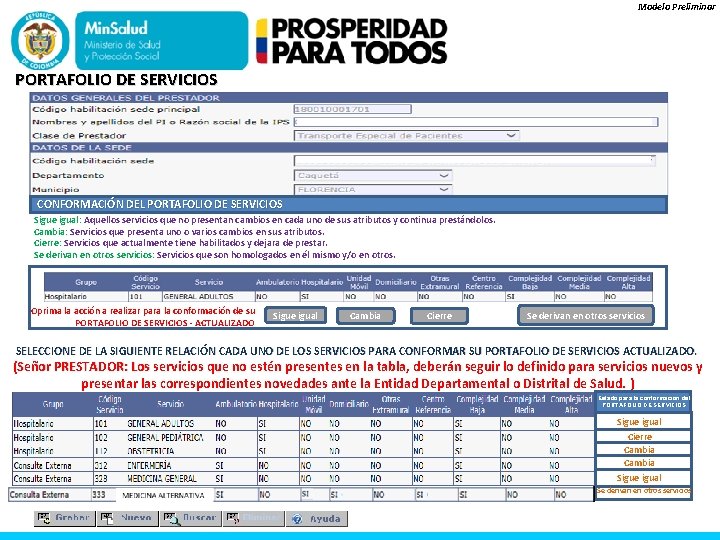 Modelo Preliminar PORTAFOLIO DE SERVICIOS CONFORMACIÓN DEL PORTAFOLIO DE SERVICIOS Sigue igual: Aquellos servicios