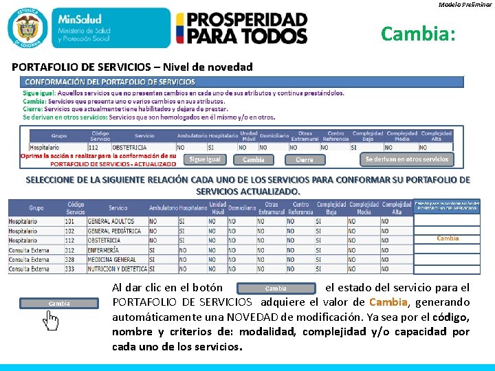 Modelo Preliminar Cambia: PORTAFOLIO DE SERVICIOS – Nivel de novedad Cambia Al dar clic