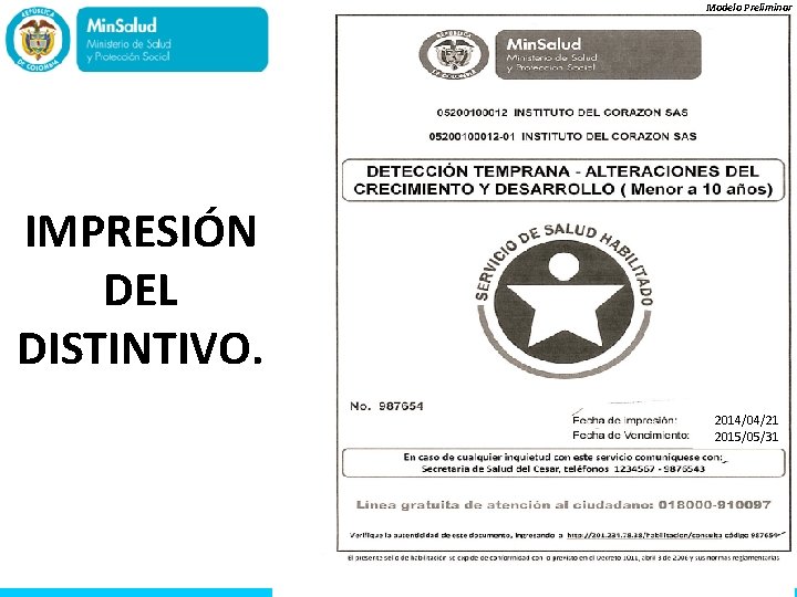 Modelo Preliminar IMPRESIÓN DEL DISTINTIVO. 2014/04/21 2015/05/31 