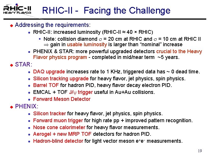 RHIC-II - Facing the Challenge u Addressing the requirements: l l u STAR: l