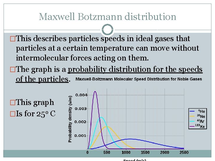 Maxwell Botzmann distribution �This describes particles speeds in ideal gases that particles at a