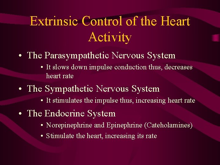 Extrinsic Control of the Heart Activity • The Parasympathetic Nervous System • It slows Extrinsic Control of the Heart Activity • The Parasympathetic Nervous System • It slows