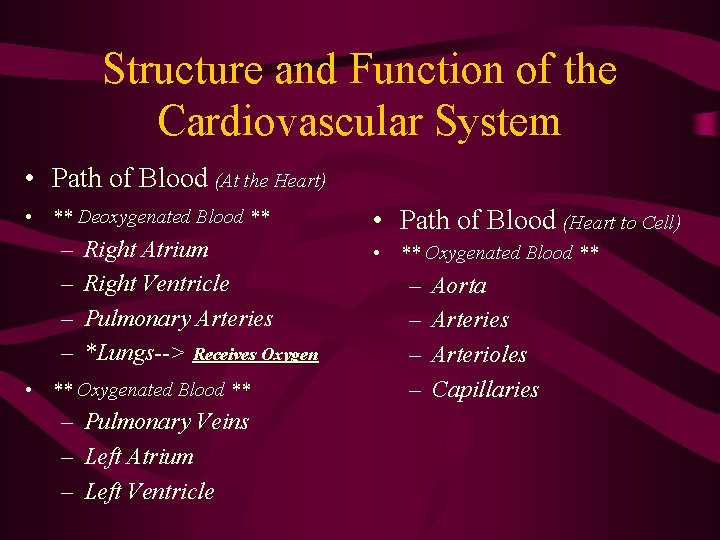 Structure and Function of the Cardiovascular System • Path of Blood (At the Heart) Structure and Function of the Cardiovascular System • Path of Blood (At the Heart)