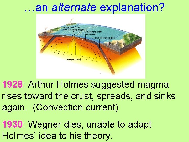 …an alternate explanation? 1928: Arthur Holmes suggested magma rises toward the crust, spreads, and