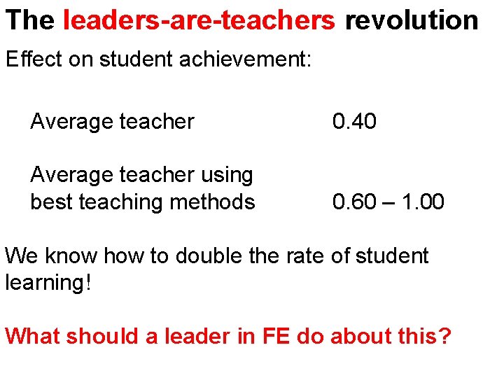 The leaders-are-teachers revolution Effect on student achievement: Average teacher 0. 40 Average teacher using