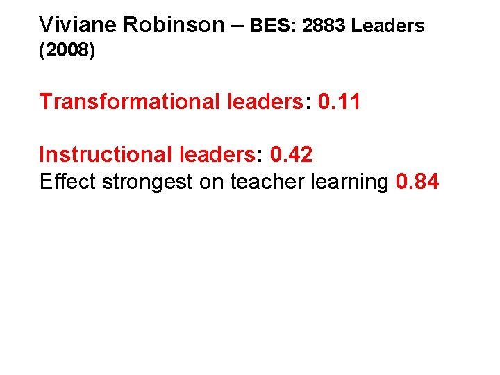 Viviane Robinson – BES: 2883 Leaders (2008) Transformational leaders: 0. 11 Instructional leaders: 0.