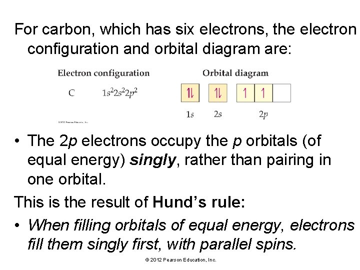 For carbon, which has six electrons, the electron configuration and orbital diagram are: •