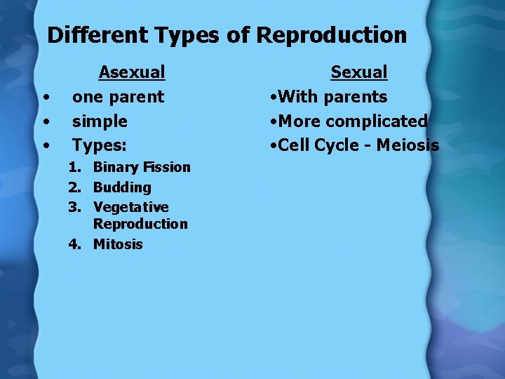 Different Types of Reproduction • • • Asexual one parent simple Types: 1. Binary