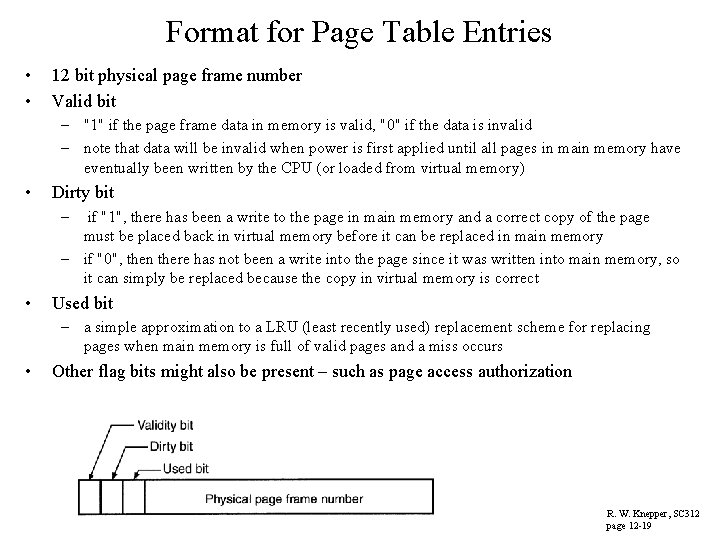 Format for Page Table Entries • • 12 bit physical page frame number Valid